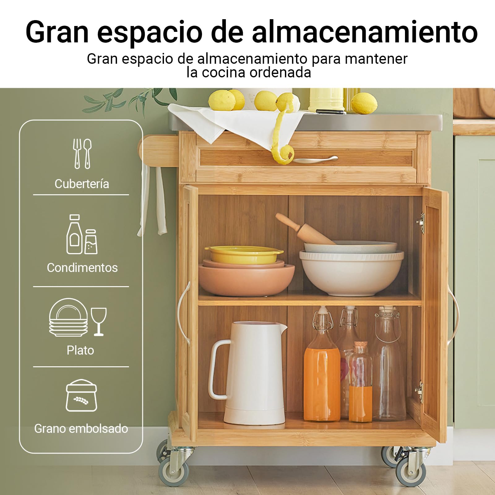 SoBuy Carrito de Cocina con Ruedas, 66x92x46 cm, Espacios pequeños | Mesa Auxiliar con encimera inox robusta, estante regulable y ruedas flexibles, MDF/PB, para cocina y exterior, FKW13-N