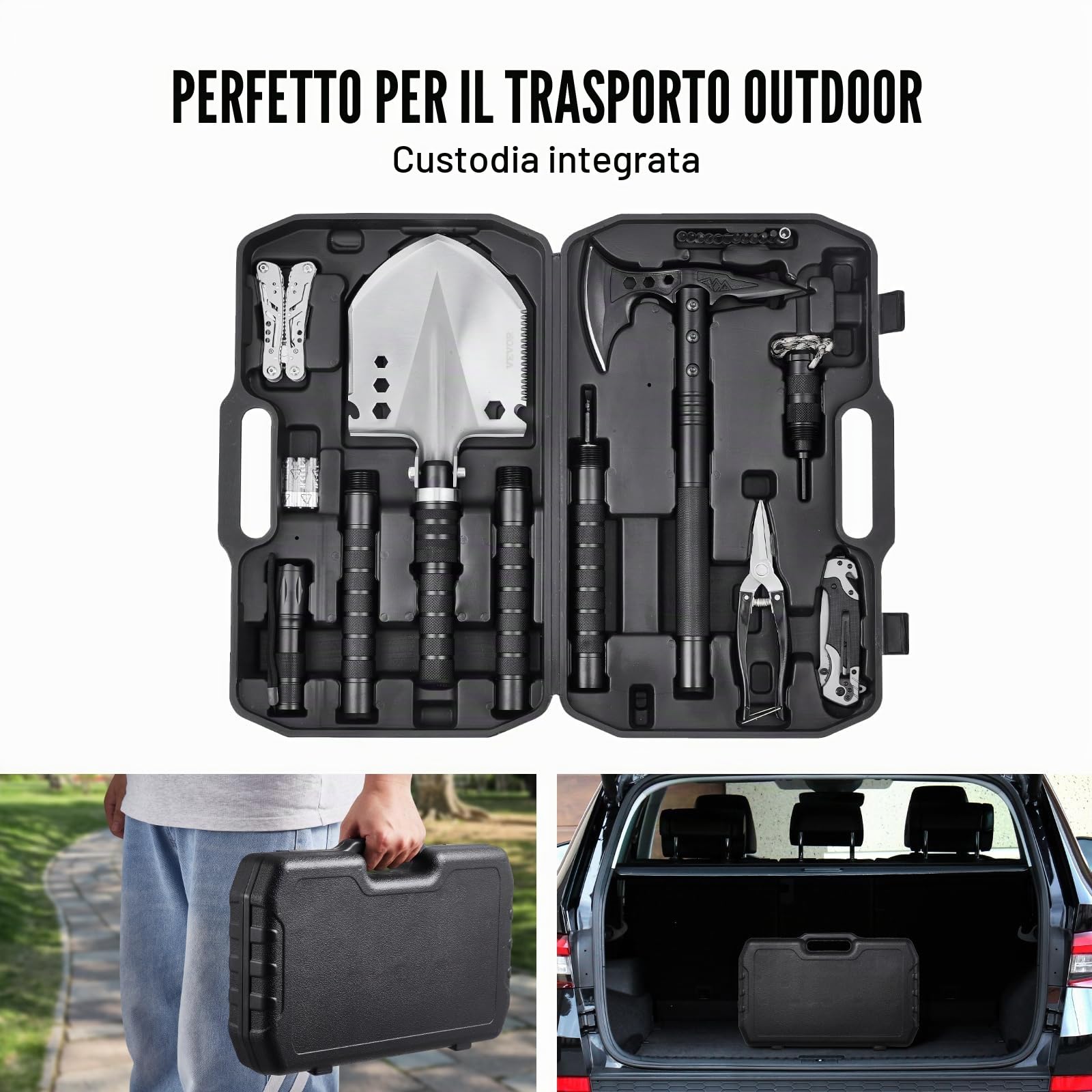 VEVOR Survival Shovel Axe, Pale Pieghevoli da Campeggio con Ascia, Combo Pala in Acciaio Inox 28 Pezzi di Accessori, Attrezzatura per Sopravvivenza Emergenza per Campeggio ed Escursionismo