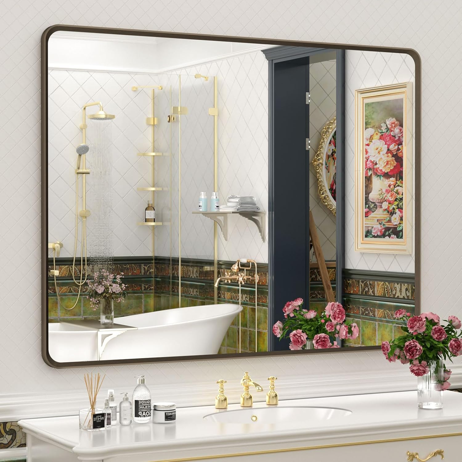 Product image of OKPAL 40x36 Bronze Bathroom Mirror, Brushed Metal Bathroom Vanity Mirrors for Wall, Rounded Bronze Rectangle Mirror for Farmhouse, Shatterproof, Anti-Rust (Horizontal/Vertical)