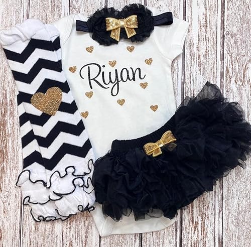 Vista 38 de Personalized Baby Girl Outfit Shower Gift Custom Name Glitter Heart Outfit Optional Tutu Bloomers Headband and Leg Warmers Light Purple + Gold
