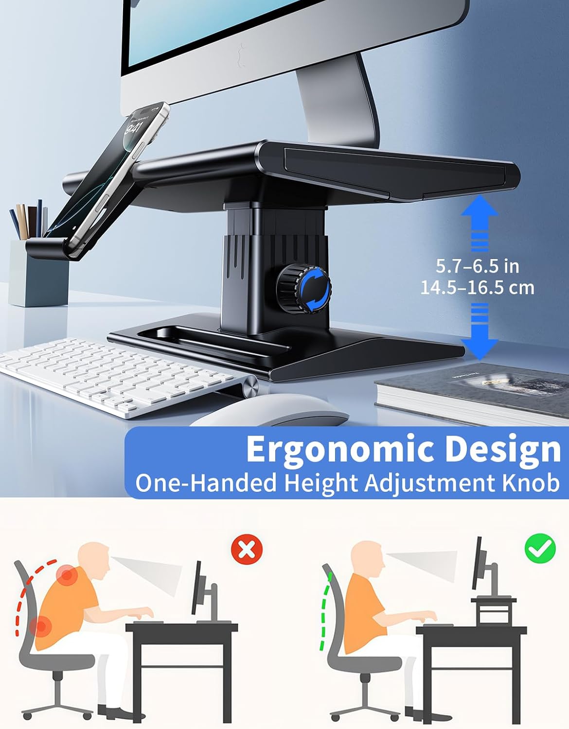 Computer Monitor Stand Riser for Desk,5.7-6.5 Inches Height Adjustable with Storage Drawer & Phone Holder,Workspace Desktop Organizer Monitor Stands Risers Shelf for Computer,Laptop,Printer,TV