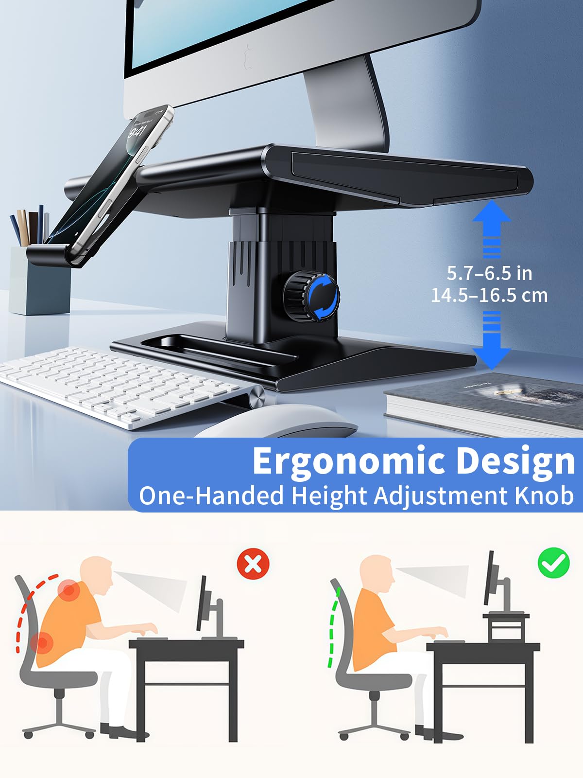 Supporto per monitor da scrivania, regolabile in altezza da 14,5 a 16,5 cm, con cassetto e supporto per telefono, supporto ergonomico per computer portatile, stampante, TV, accessori da