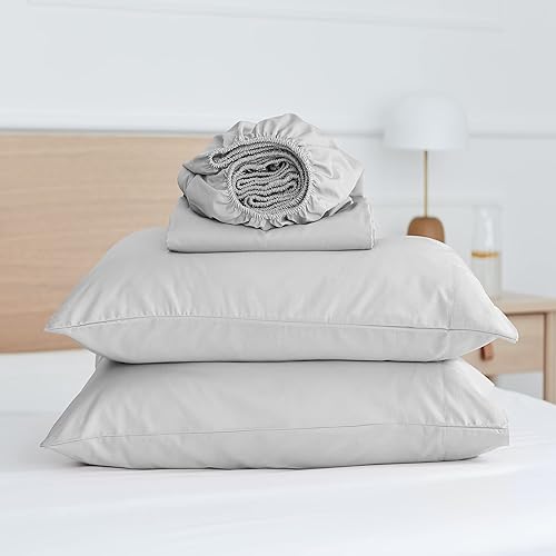 Juego de sábanas de percal de 4 piezas, 100% algodón con bolsillo profundo de 15 pulgadas, juego de sábanas refrescantes naturales y transpirables