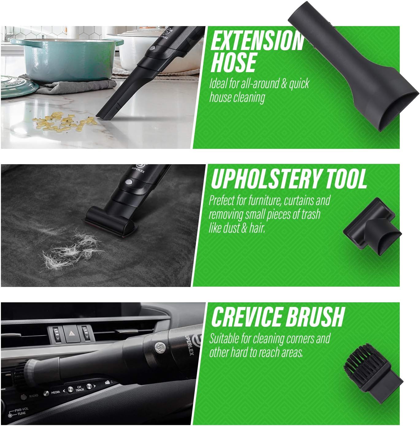 Image showing the SUPERLEX Cordless Handheld Vacuum Cleaner with its accessories: an extension hose, an upholstery tool, and a crevice brush.