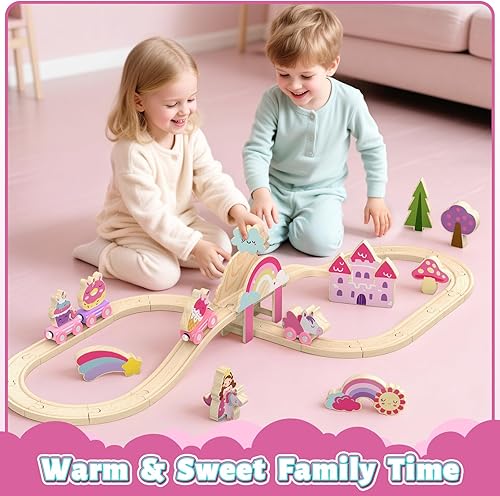 Miniatura 5 de Lehoo Castle Juego de tren de madera - Juego de tren de unicornio para niños pequeños de 2 a 4 años, pista de tren de madera, juguetes de fantasía