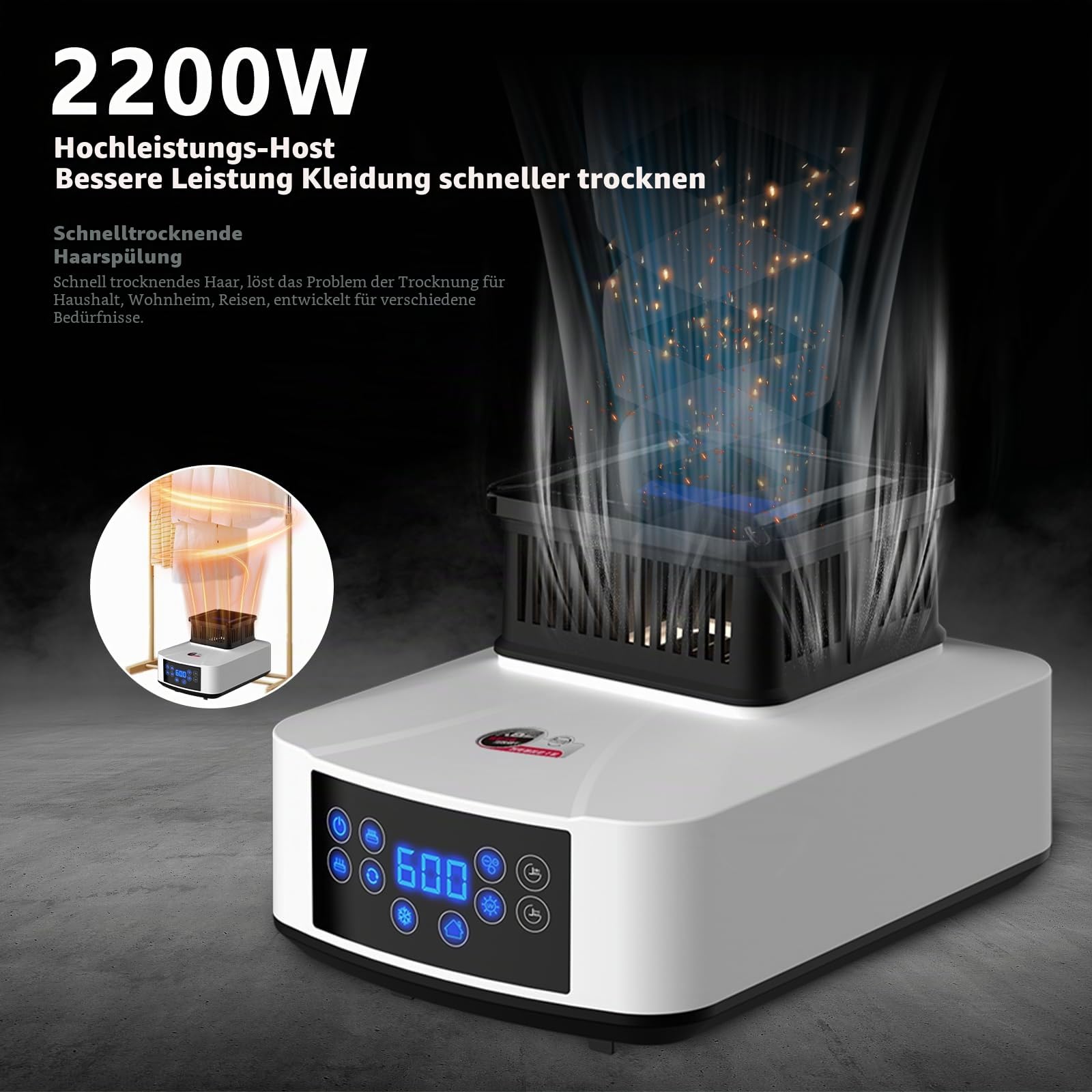2200W Tragbarer Elektrischer Wäschetrockner mit Fernbedienung - Kompakter Mini Wäschetrockner mit 4 Timer-Einstellungen, Touchscreen, Überhitzungsschutz für Zuhause, Reisen, Hotelgebrauch