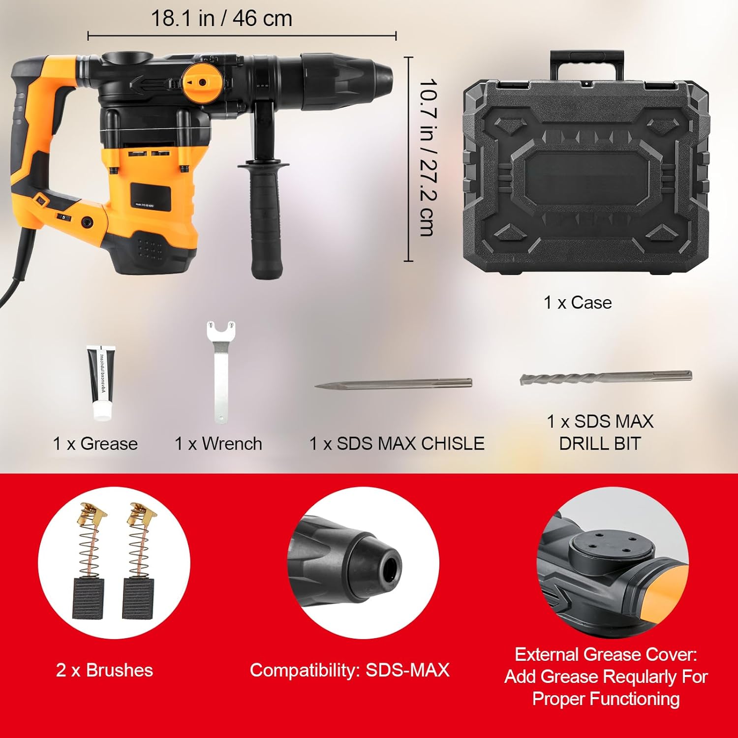 Happybuy 1-9/16 Inch SDS-Max Rotary Hammer Drill, 13 Amp Corded Heavy-Duty Chipping Hammer with Vibration Control, Safety Clutch, and Variable Speed Power Tool for Concrete