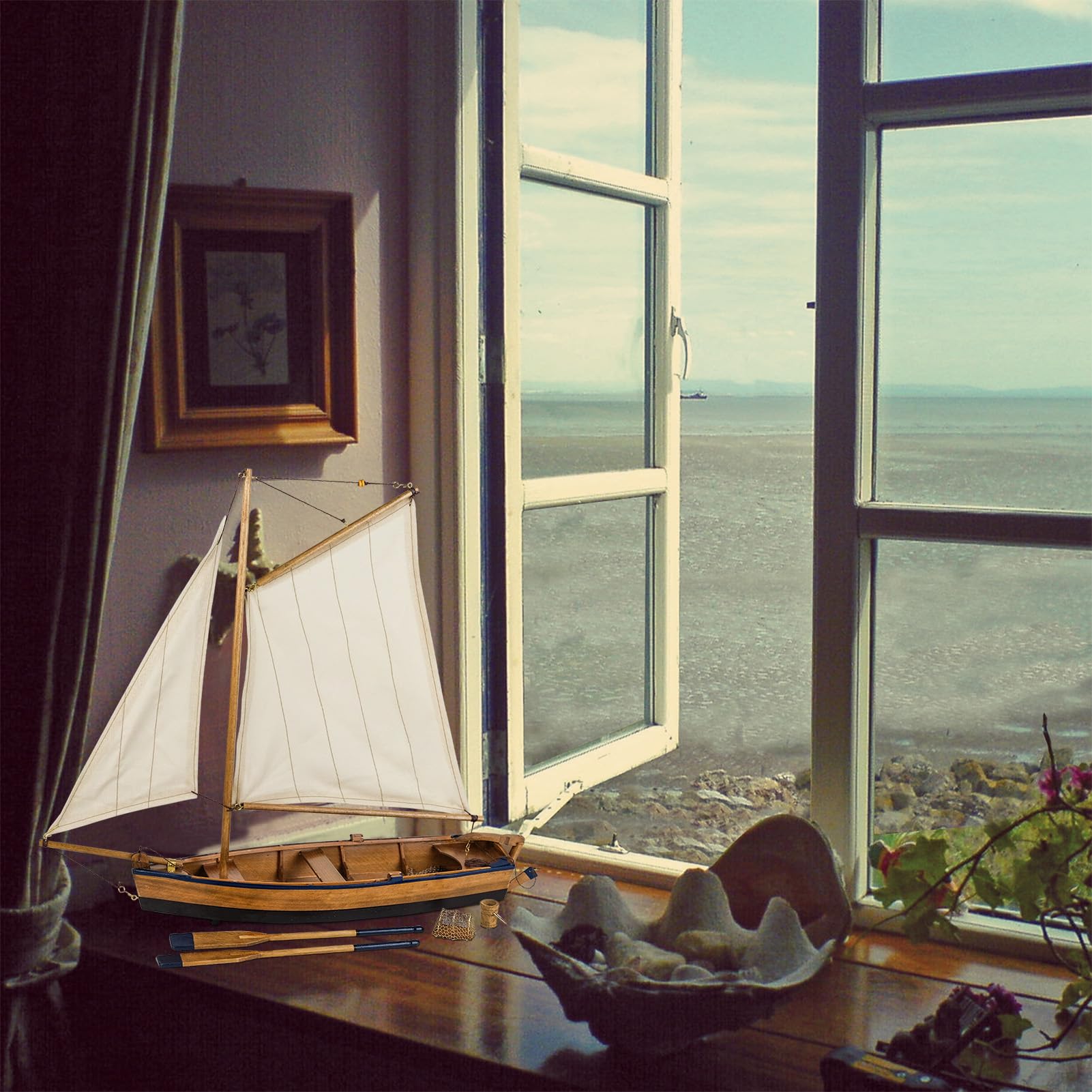 Sailingstory Fischerboot aus Holz, Ruderboot, Segelboot, Modell, nautische Stranddekoration, 45,7 cm