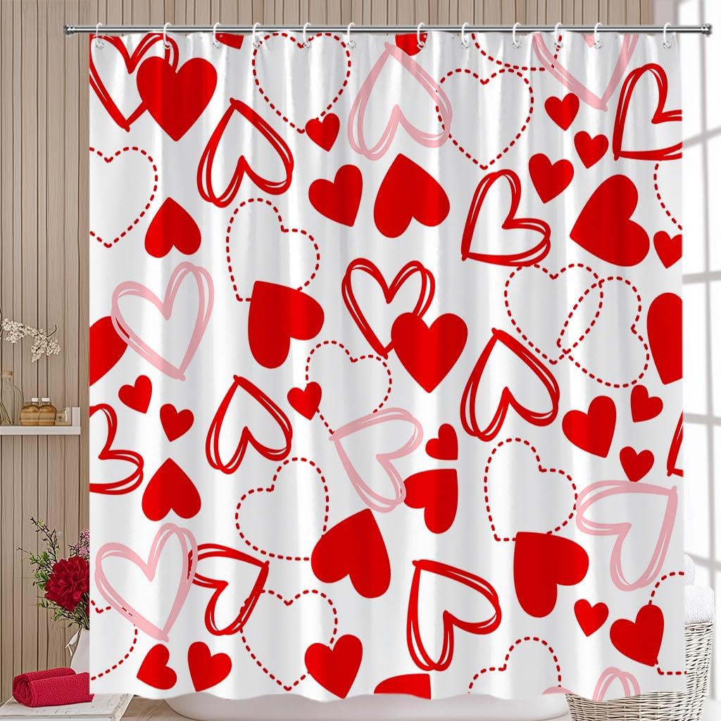 AMFD Valentines Shower Curtain Red White Heart Romantic Love Bathroom Curtains Decor Fabric Set Include Hooks,(70" Wx84 H)