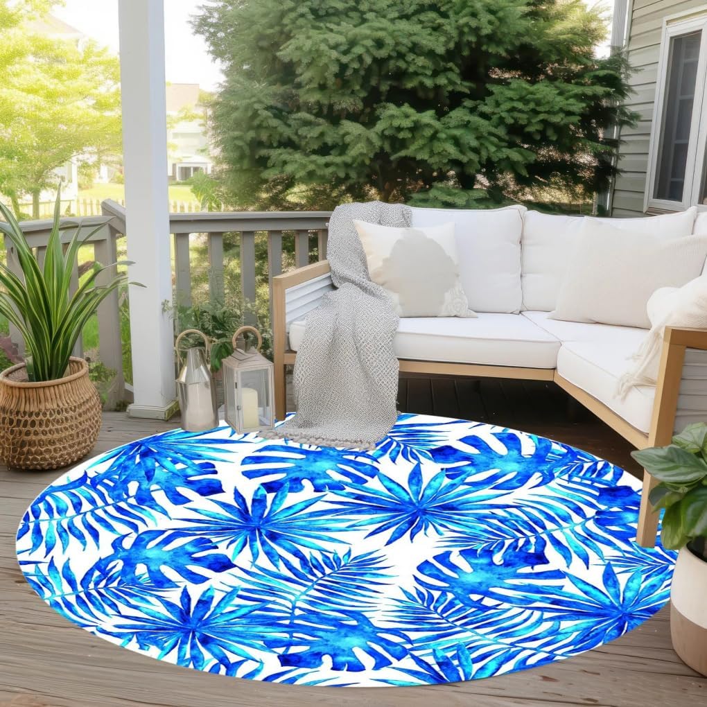 Blue White Palm Monstera Leaves Round Indoor Outdoor Area Rug 6ft Waterproof Washable No Slip Circle Outside Rug for Backyard Garden Patio Deck Balcony Porch Bedroom Floor Carpet Mat