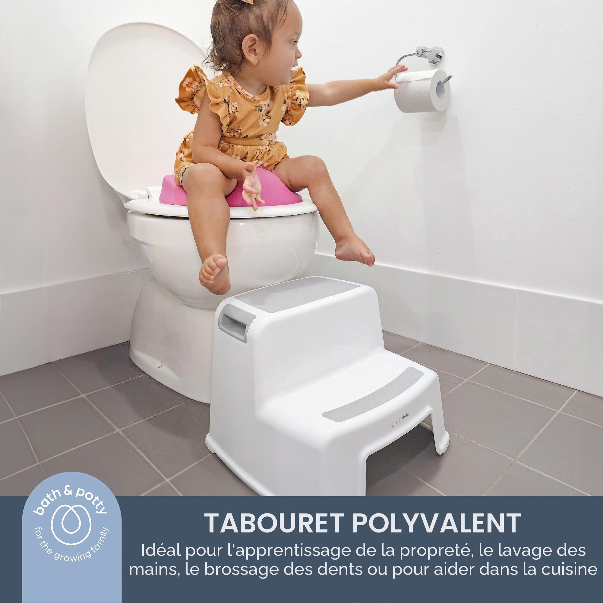 Dreambaby Marche-pieds/Tabouret avec 2 etapes pour enfants antidérapant, blanc et gris
