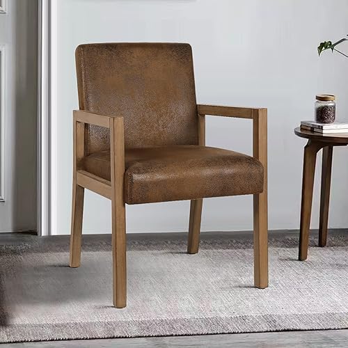 Dining Chairs Upholstered Dining Chairs with Arms, Mid Century Modern Accent Chairs for Living Room Arm Chairs with Wood Frame (1, Brown with Wood Arms)