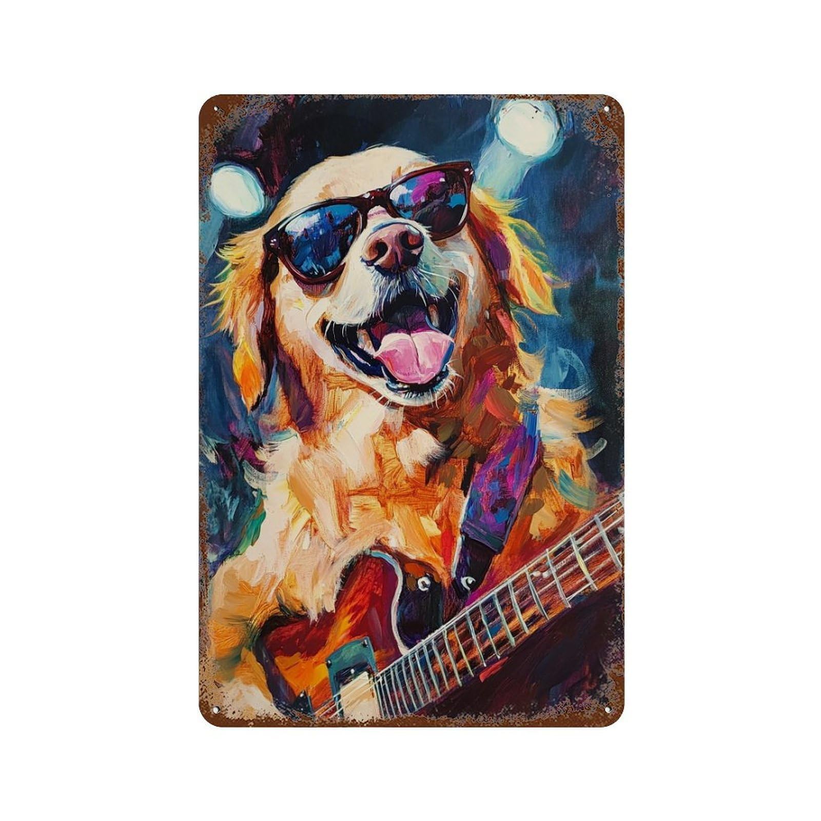 Golden Retriever Playing Guitar -1 11.8"x7.9" Weathered Tin Sign, Shabby Chic Decor for Farmhouse, Kitchen And Entryway Decor