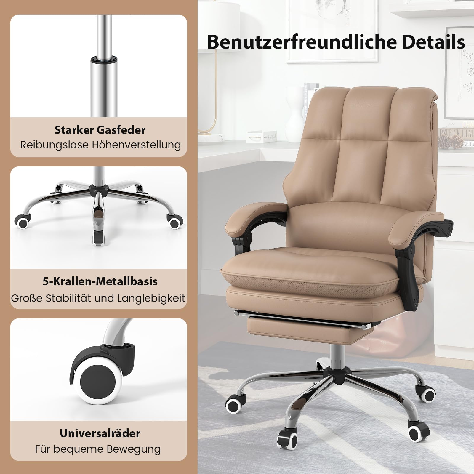 COSTWAY Ergonomischer Bürostuhl mit einziehbarer Fußstütze, Chefsessel mit Verstellbarer hoher Rückenlehne, weich gepolsterter Schreibtischstuhl aus Kunstleder, Computerstuhl, Kaffee