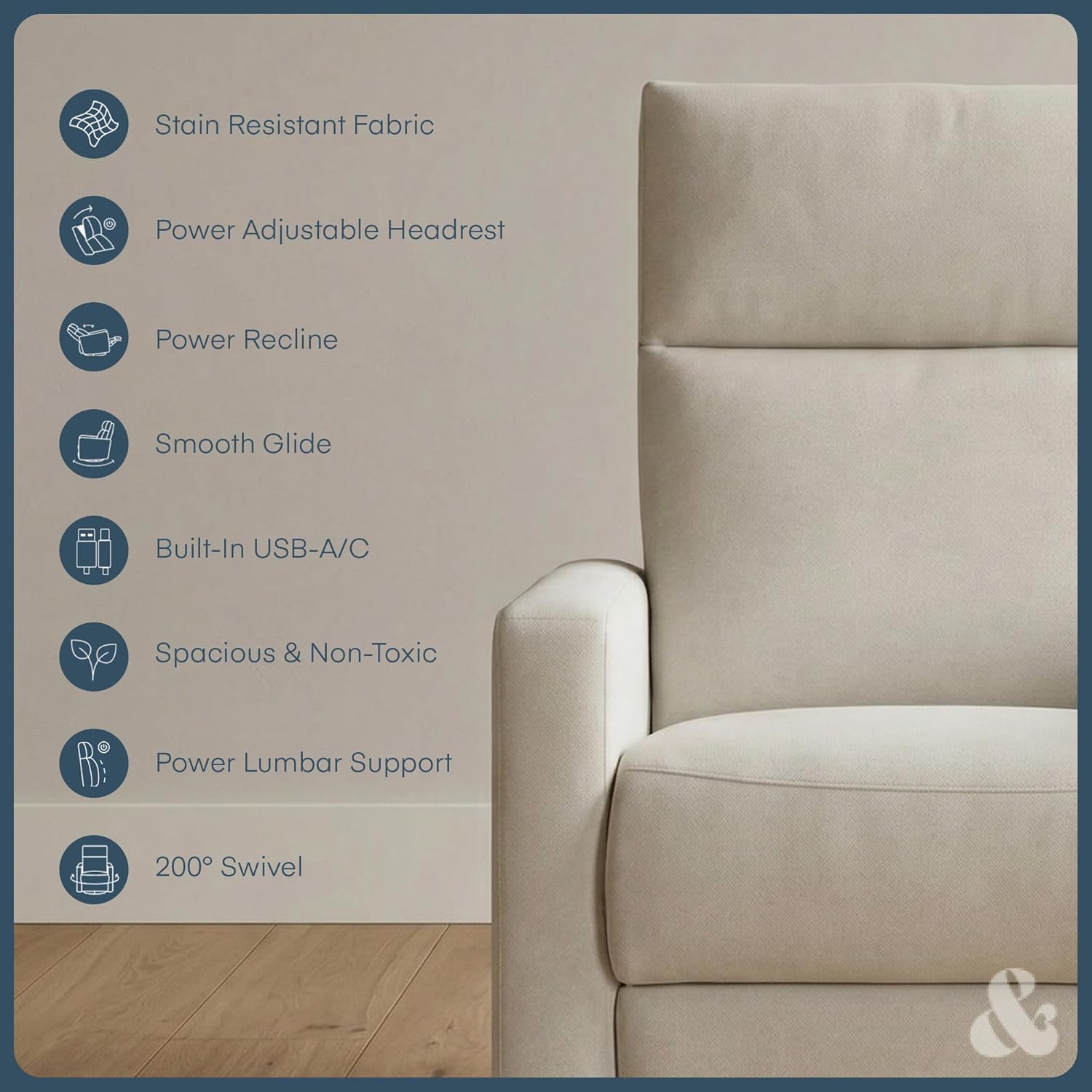 Nurture& The Glider Plus - Premium Nursery Power Recliner | Swivel Chair with Adjustable Head Support and Adjustable Lumbar Support | Built-in USB - The Ultimate Comfort for Nursing, Relaxing (Ivory)