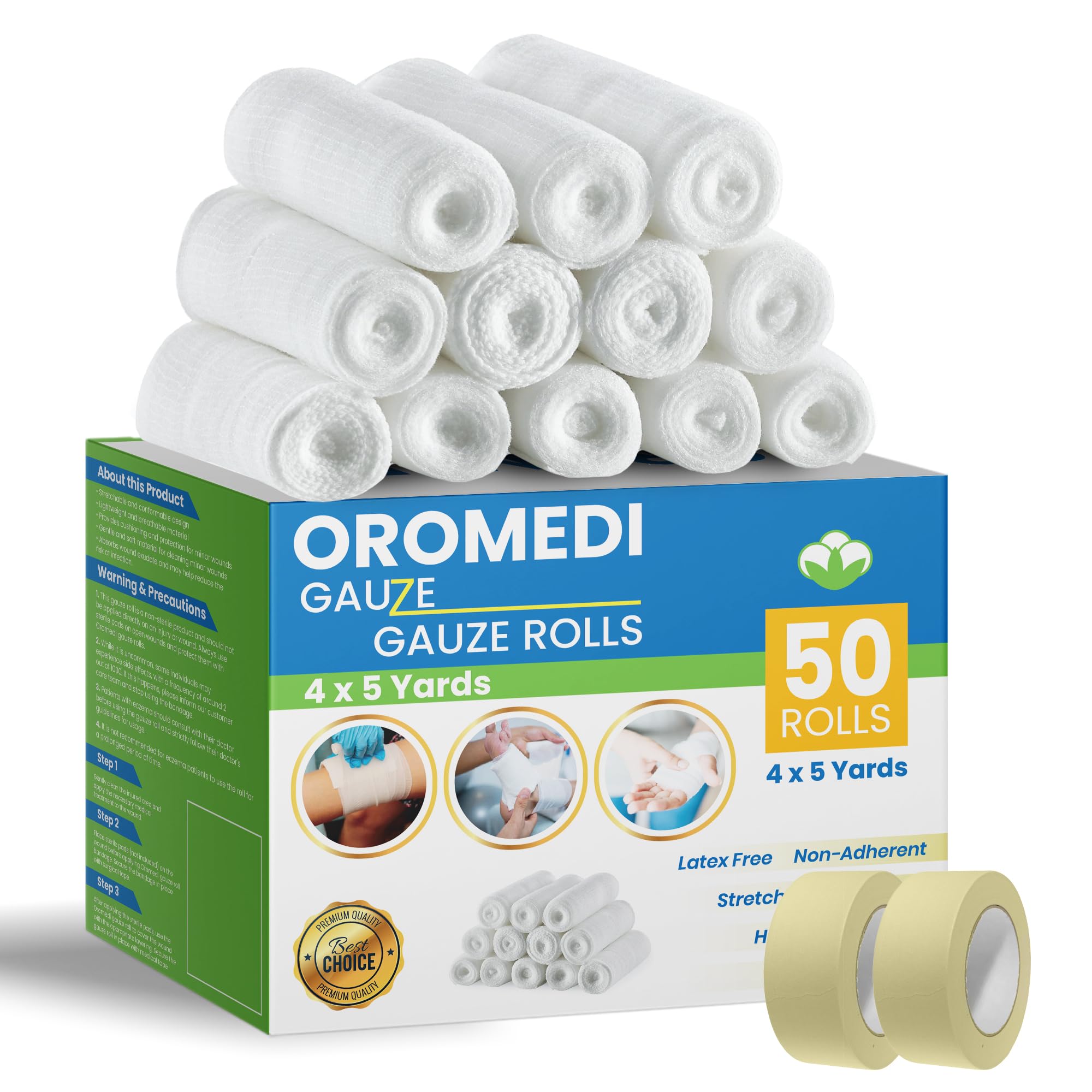 50 Premium Pack of Gauze Bandages Rolls 4" x 5Yd + 2 Bonus Tape First Aid Conforming Gauze Wrap Roll for Wounds Individually Wrapped