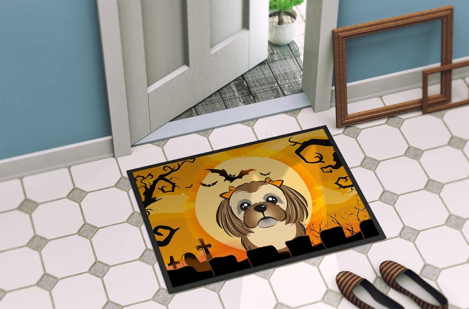 Caroline's Treasures BB1807MAT Halloween Chocolate Brown Shih Tzu Doormat 18x27 Front Door Mat Indoor Outdoor Rugs for Entryway, Non Slip Washable Low Pile, 18H X 27W