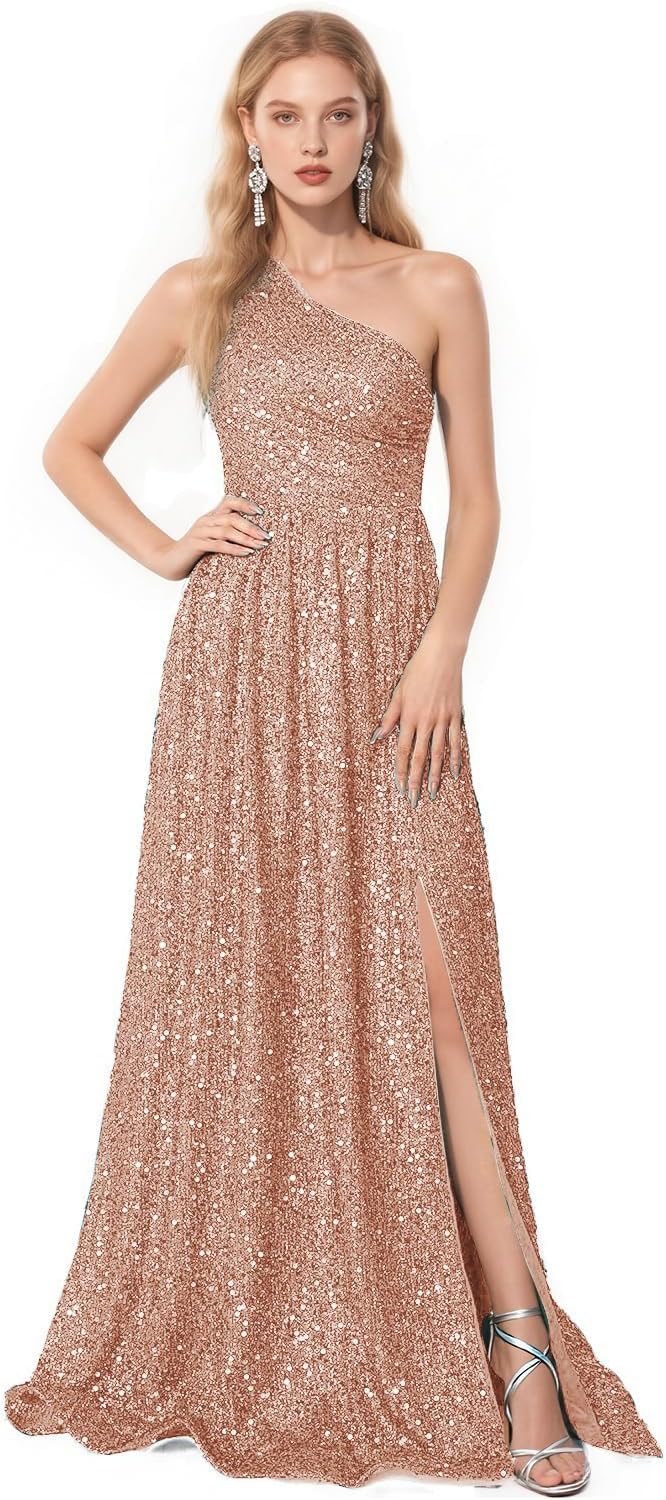 GARDOM One Shoulder Sequin Prom Dresses with Slit 2026 Sparkly Formal Evening Gown Sleeveless Bridesmaid Dress for Women