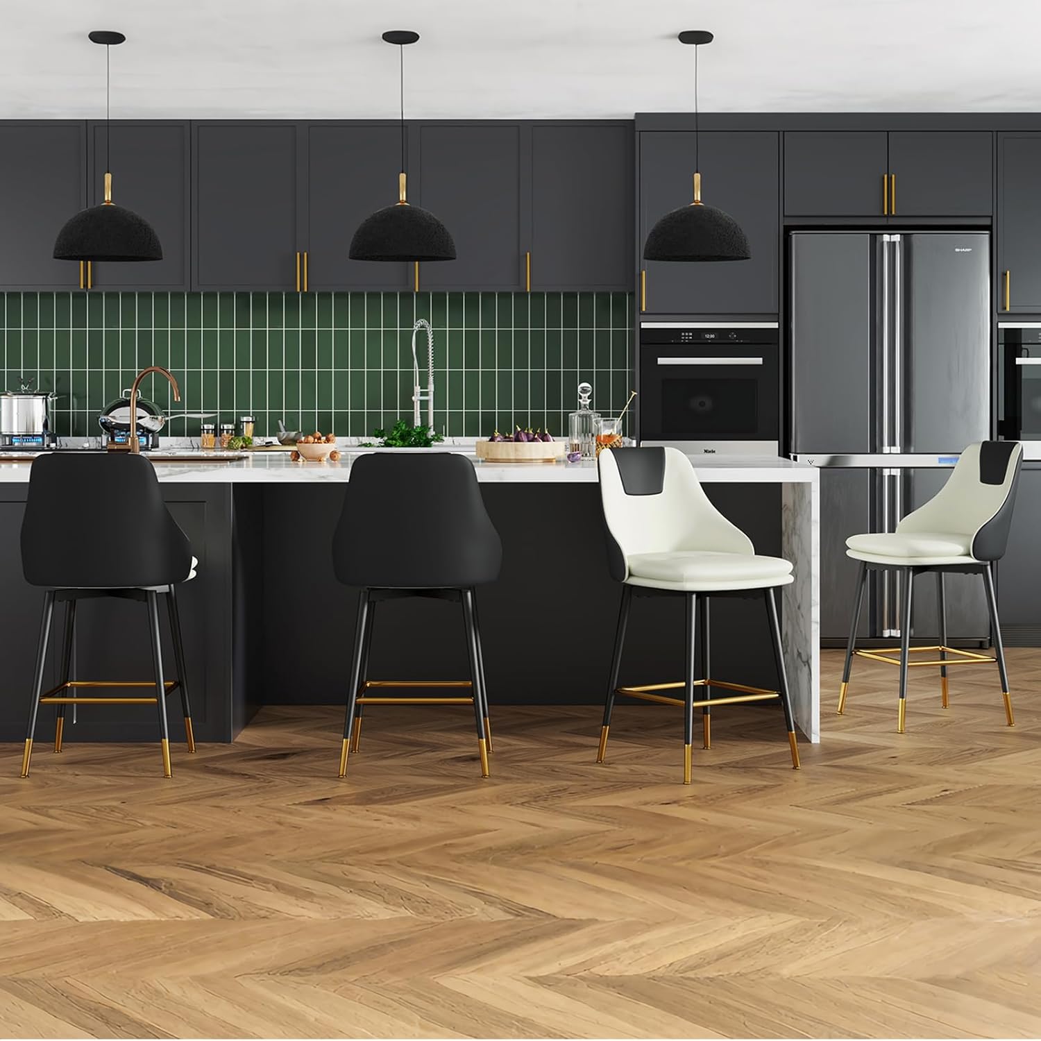 Counter Height Bar Stools with Full Back, 25 Inch Swivel Bar Stools Set of 2, Ergonomic Backrest and Metal Footrest, Modern Stools for Kitchen Counter, Island, Dining Room