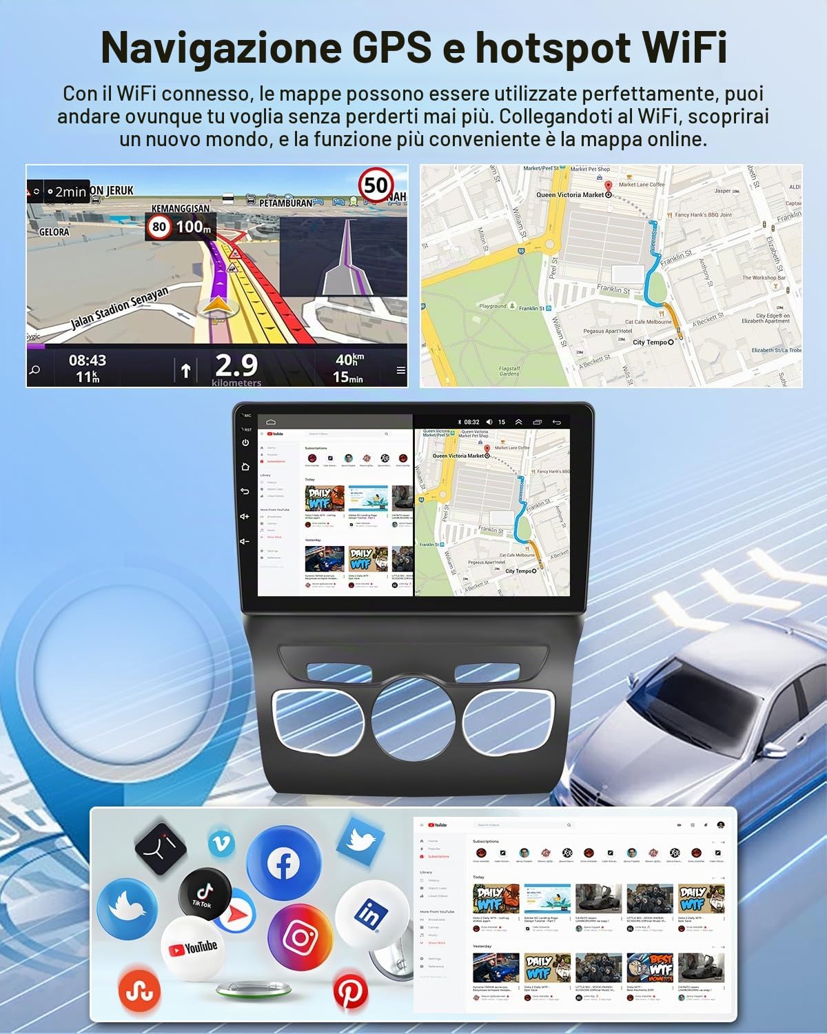 NHOPEEW Autoradio Android 2G+64G per Citroën C4 II / DS4 / DS4 Crossback 2012-2018, touchscreen da 9", CarPlay Android Auto, WiFi GPS FM RDS, schermo diviso, SWC, telecamera posteriore AHD