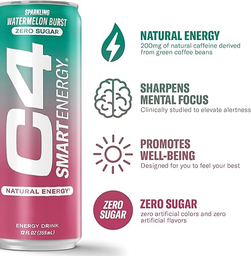 Miniatura 2 de C4 Smart Energy Drink  Combustible de rendimiento sin azúcar y potenciador cerebral nootrópico, sustituto de café o alternativa  Ráfaga de sandía 12
