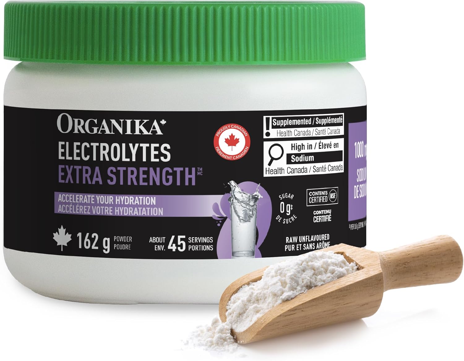 Organika Canadian-Made Electrolytes Extra-Strength Powder, NSF Certified, Unflavoured, 1000 mg Sodium, Sugar-Free Hydration & Recovery, 162g, 45 Servings