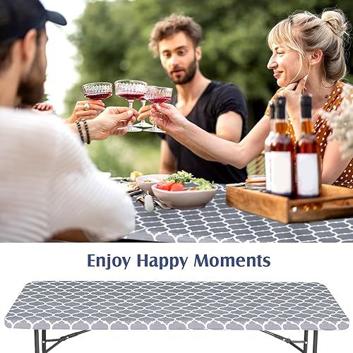 Miniatura 7 de Paquete de 6 manteles elásticos ajustables para mesas rectangulares de 6 pies, impermeables, de vinilo elástico, para picnic, patio e interiores y