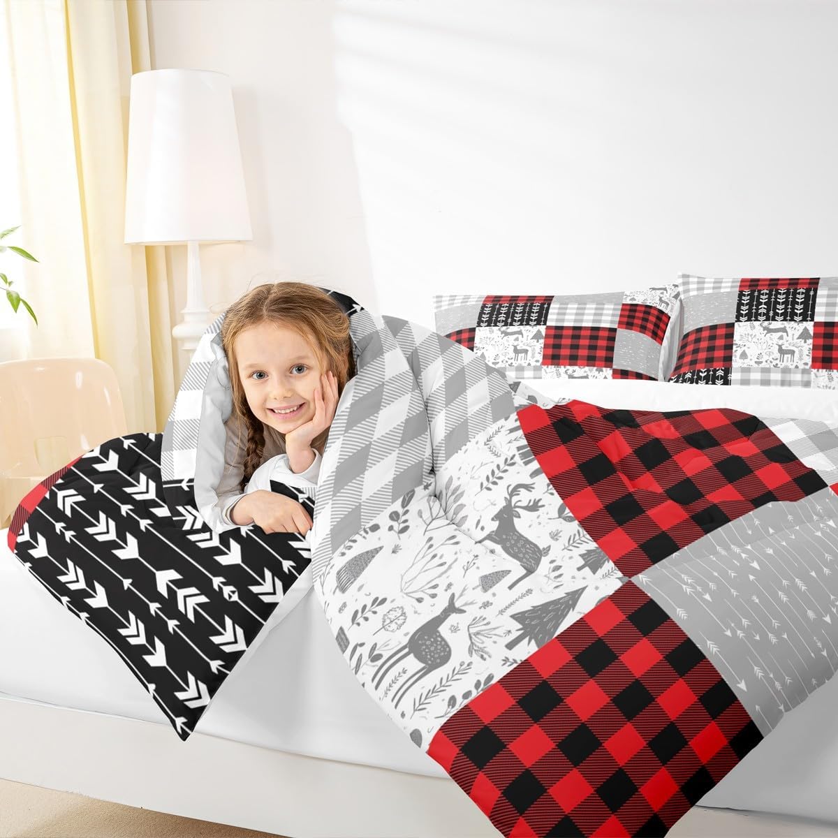 Buffalo Plaid Bedding Set Twin for Boys Girls Woodland Theme Comforter Set, Deer Fox Rabbit Wildlife Farm Animal Zoo Down Comforter,Camping Geometric Arrow Stripes Quilt Set Decor, Red Black Grey