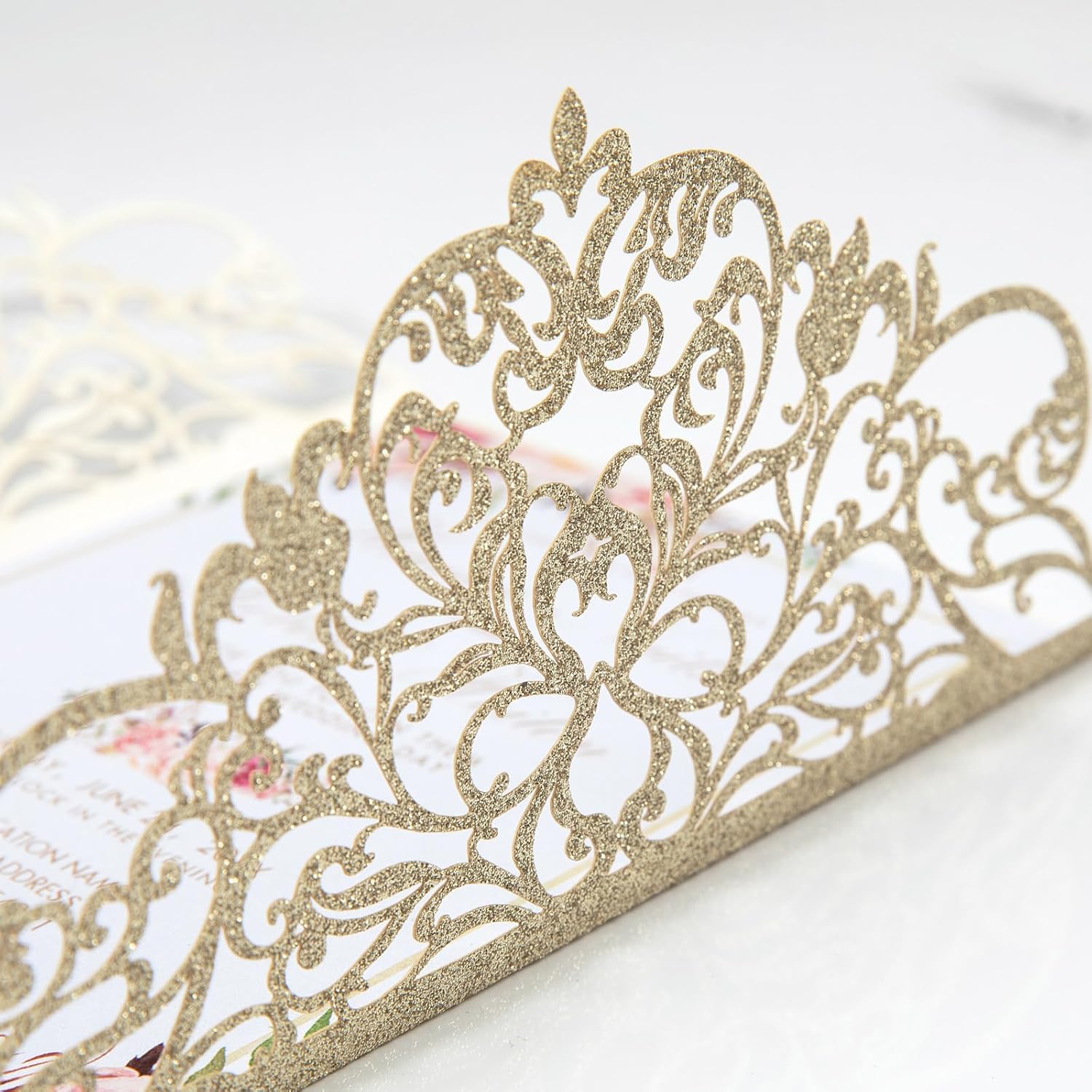 50pcs Gold Glitter Laser Cut Invitation Pocket Blank Wedding Invitations with Envelopes And Rsvp Cards Ribbons for Wedding Quinceanera Bridal Shower Engagement Party Invite