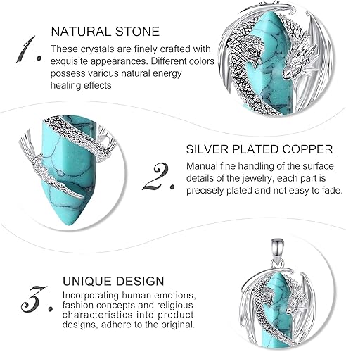 Miniatura 8 de CELESTIA Collar de dragón de cobre chapado en plata, 7 chakras, cuarzo rosa, turquesa, obsidiana, amatista, malaquita, cristal blanco, jade