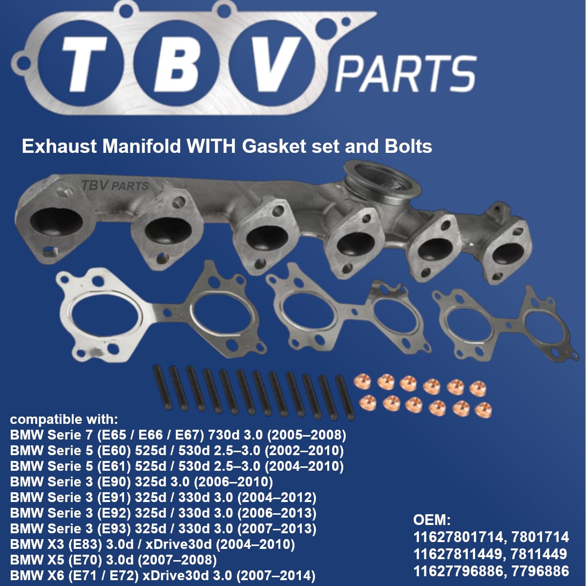 Collettore di scarico con set di guarnizioni compatibile con serie 3 E90/E91/E92/E93, serie 5 E60/E61 e X3 E83 3.0d - Riferimenti 11627801714 11627811449 11627796886668666666866686686
