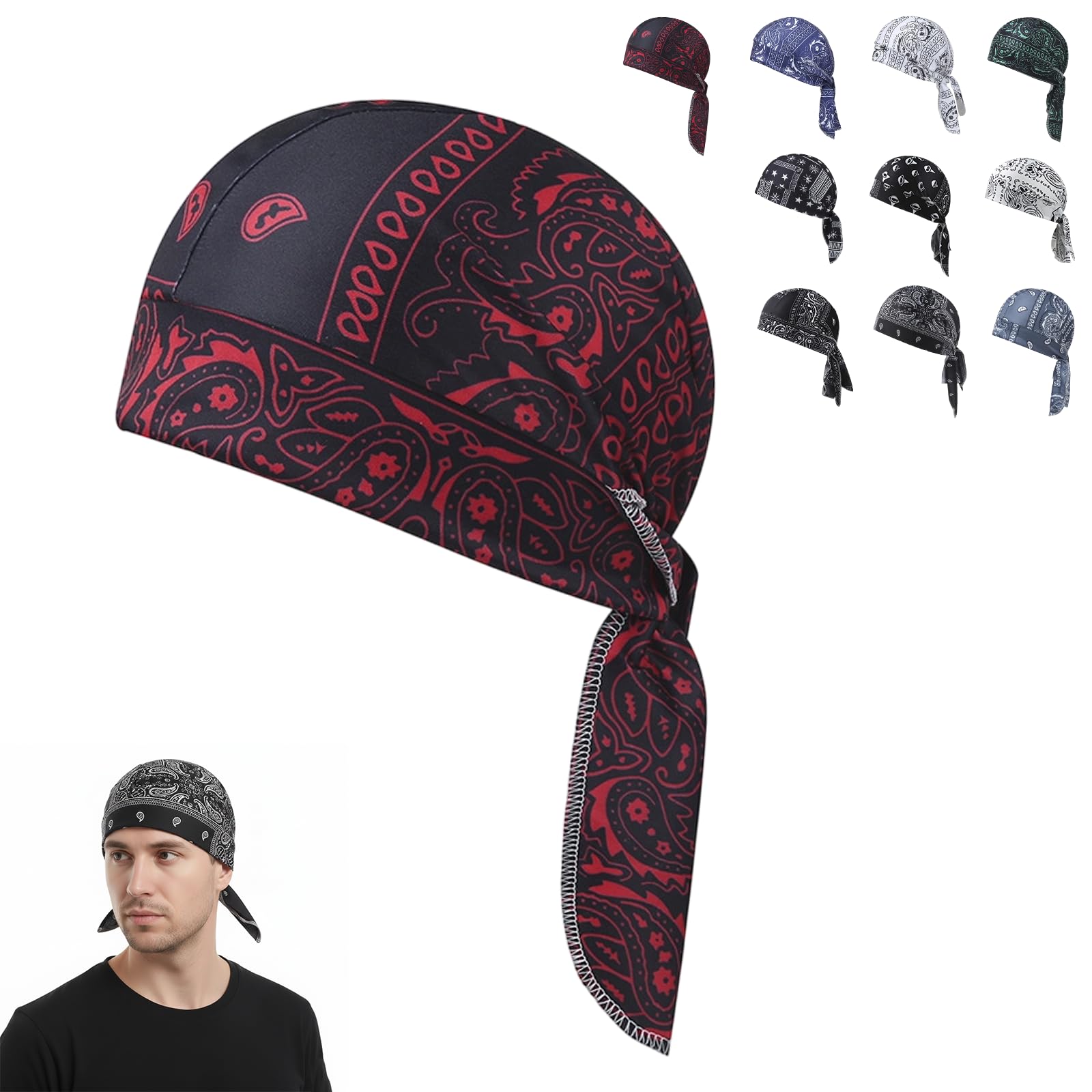 Elastic Cycling Sports Cap, Paisley Cooling Headscarf Bandana Beanie, Breathable Sweat Wicking Pirate Head Wrap, Motorcycle Helmet Liner for Running & Workout, Men & Women (D)