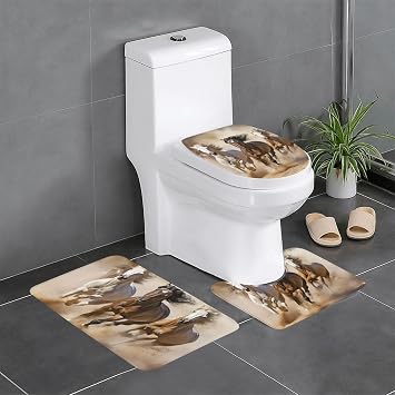 3 Piece Bathroom Rugs Sets Super Absorbent Non-Slip Bath Rug U-Shaped Contour Mat Three Running Horses Toilet Lid Cover Soft Microfiber Bath Mat Shower Rugs for Bedroom Kitchen Bathroom Decor