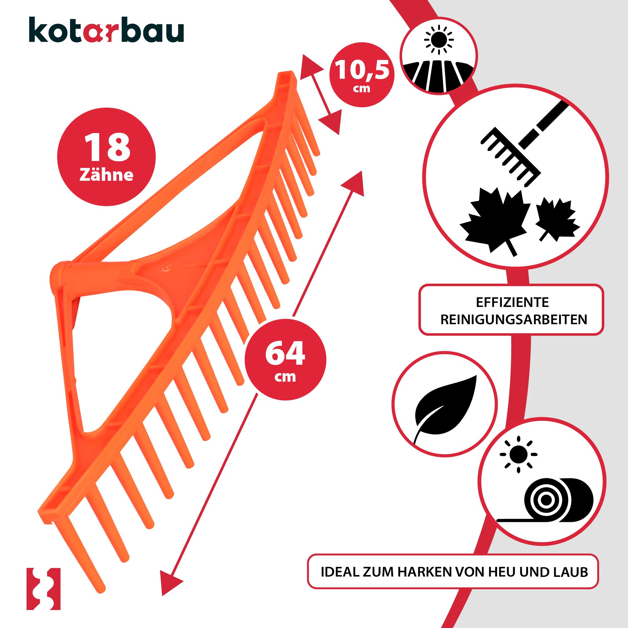 KOTARBAU® Rastrello per Foglie - Rastrello Giardino - Plastica - 64 cm - Arancione - 18 Denti - per Erba Fieno - Senza Manico - Leggero Resistente