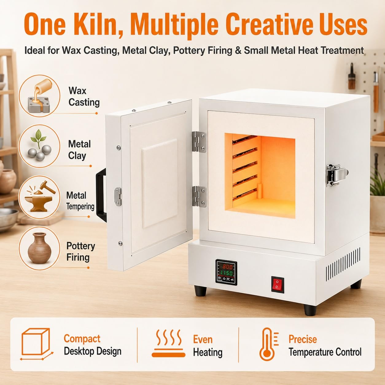 Horno De Alta Temperatura, Horno De Mufla, Controlador PID | Horno eléctrico con temperatura regulable de 0-1150°C. Calentamiento de 4 lados for uso cerámico y laboratorio