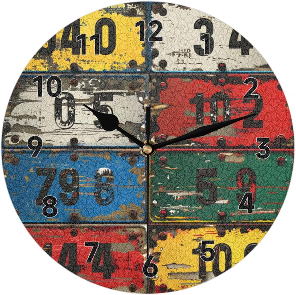 Vintage License Plate Numbers Wall Clock 12 Inch Silent Non Ticking Battery Operated Round Clock Decorative for Living Room Bedroom Bathroom Kitchen