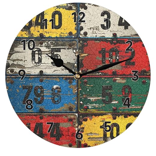 Vintage License Plate Numbers Wall Clock 12 Inch Silent Non Ticking Battery Operated Round Clock