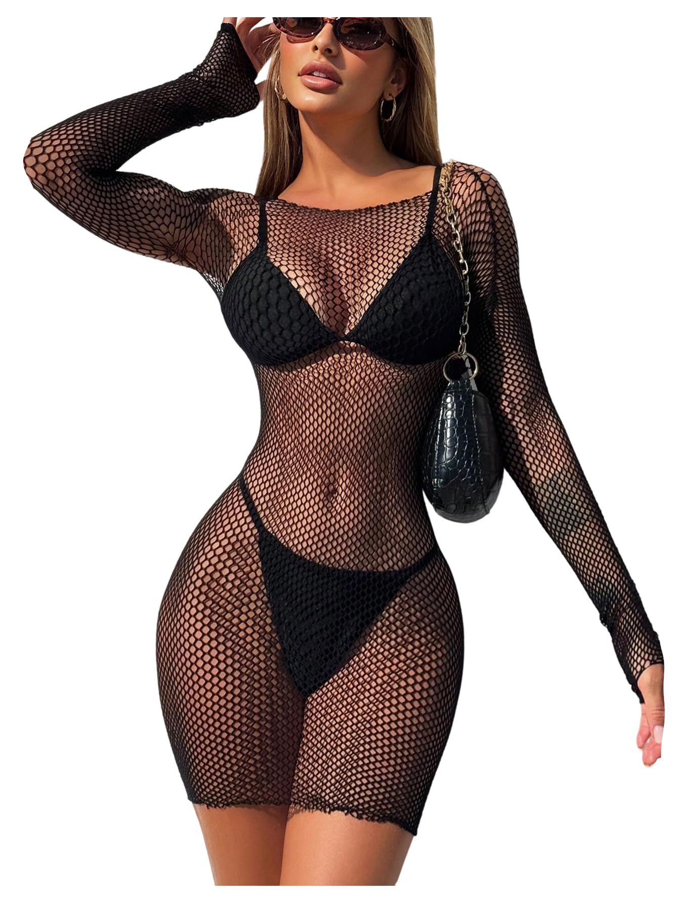 Womens Hollow Out Mesh Cover Up Dress Bodycon Long Sleeve Mini Dresses Beach Cover Ups