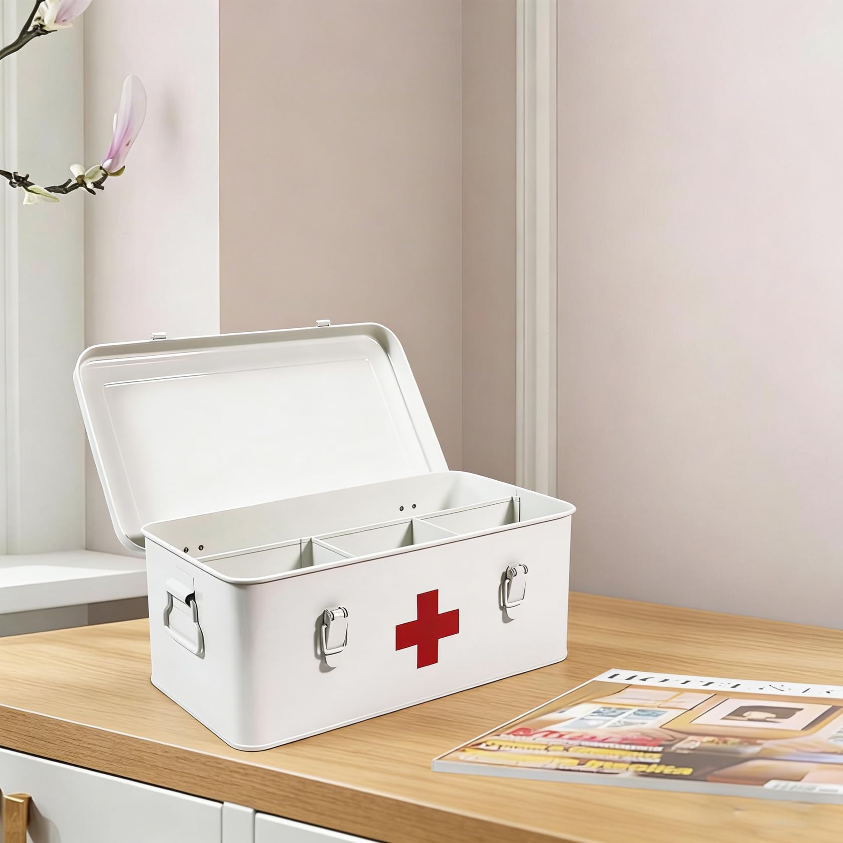Scatola per medicinali in metallo con coperchio - farmacia domestica compatta per la casa, comoda conservazione dei medicinali e comoda custodia per medicinali in bianco per un'organizzazione