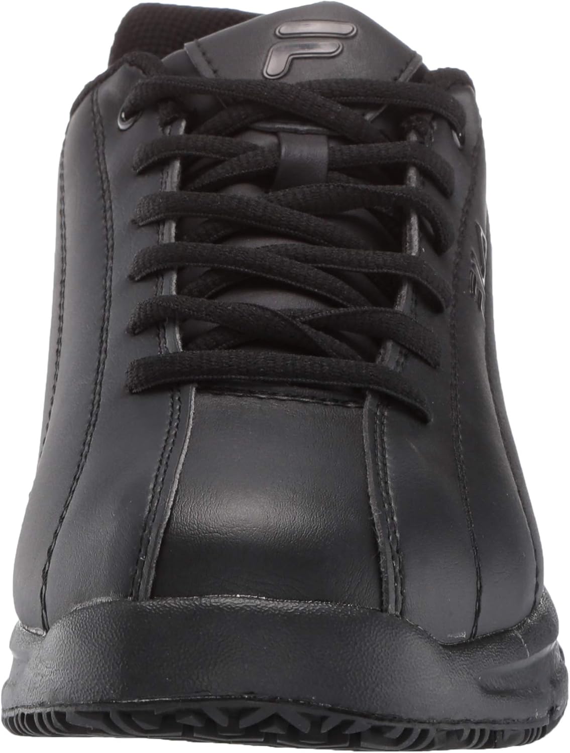 Фронт view of a Fila Memory Niteshift work shoe, black, showing the toe and lacing.