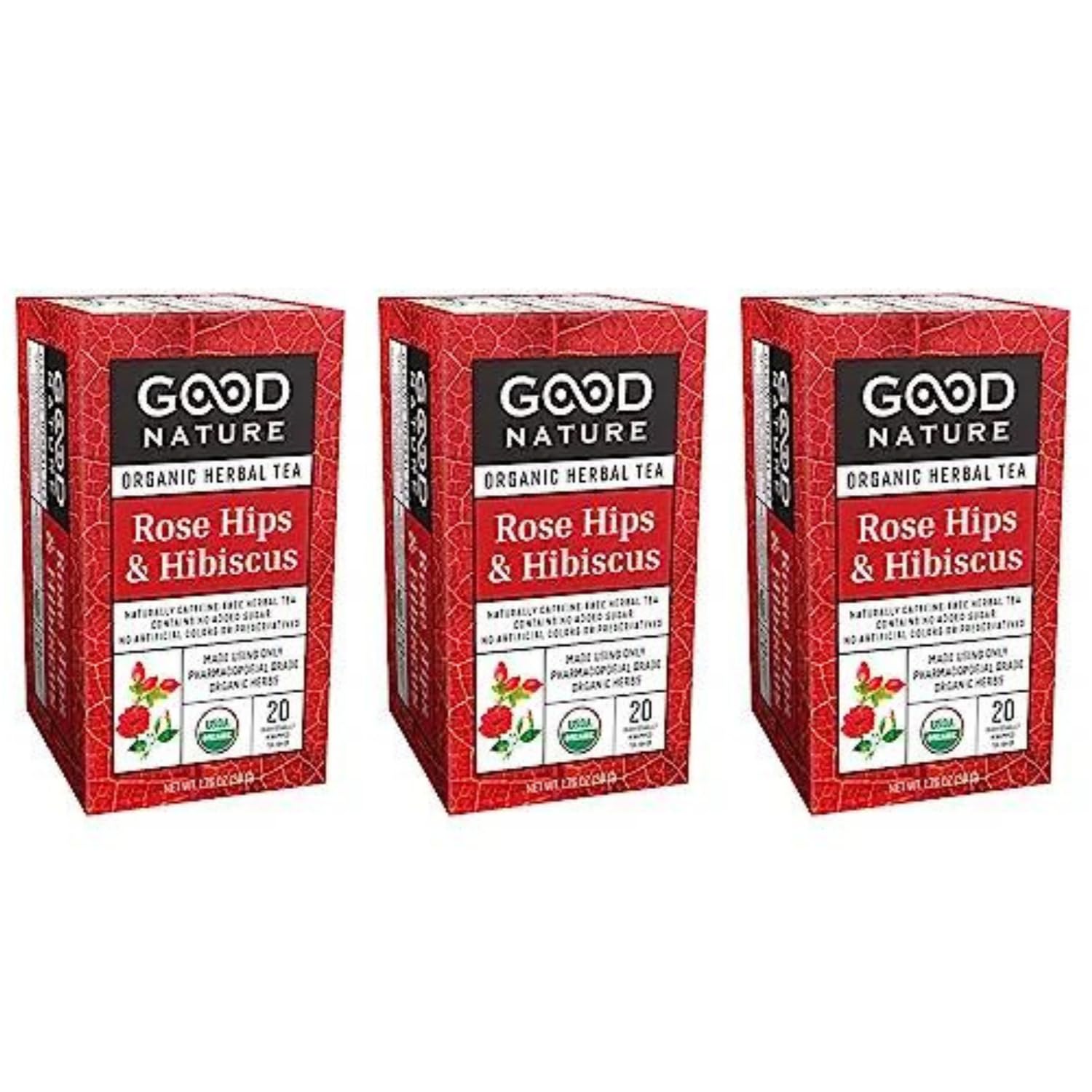 3 Pack of Good Nature Organic Herbal Tea; 20 Individually Wrapped Tea Bags (Rose Hips & Hibiscus)