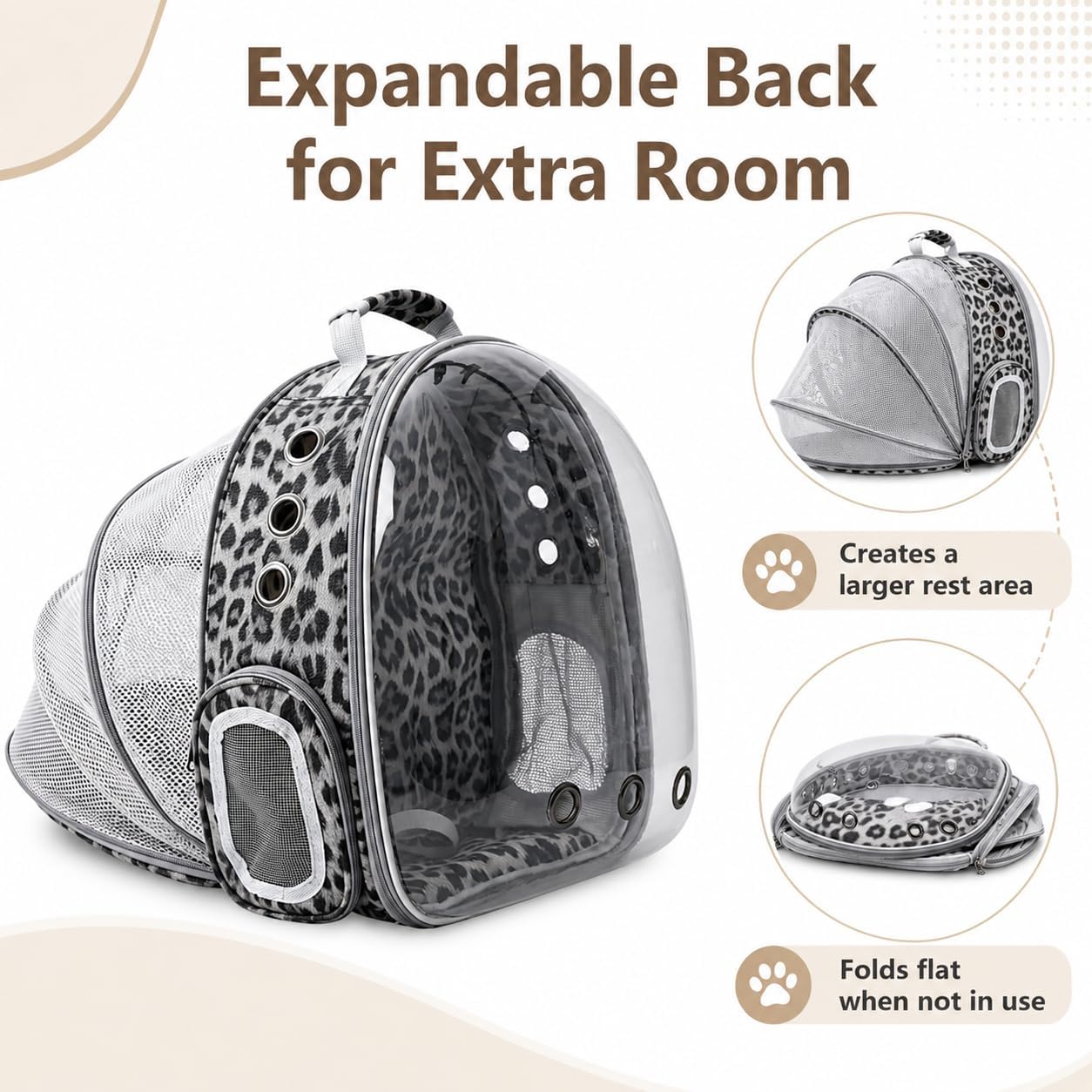 Expandable Cat Carrier Backpack for Cats & Dogs, Bubble Window Pet Travel Backpack with Breathable Mesh, Anti-Collapse Structure, Side Door, for Vet Visits, Hiking, Black and White Animal