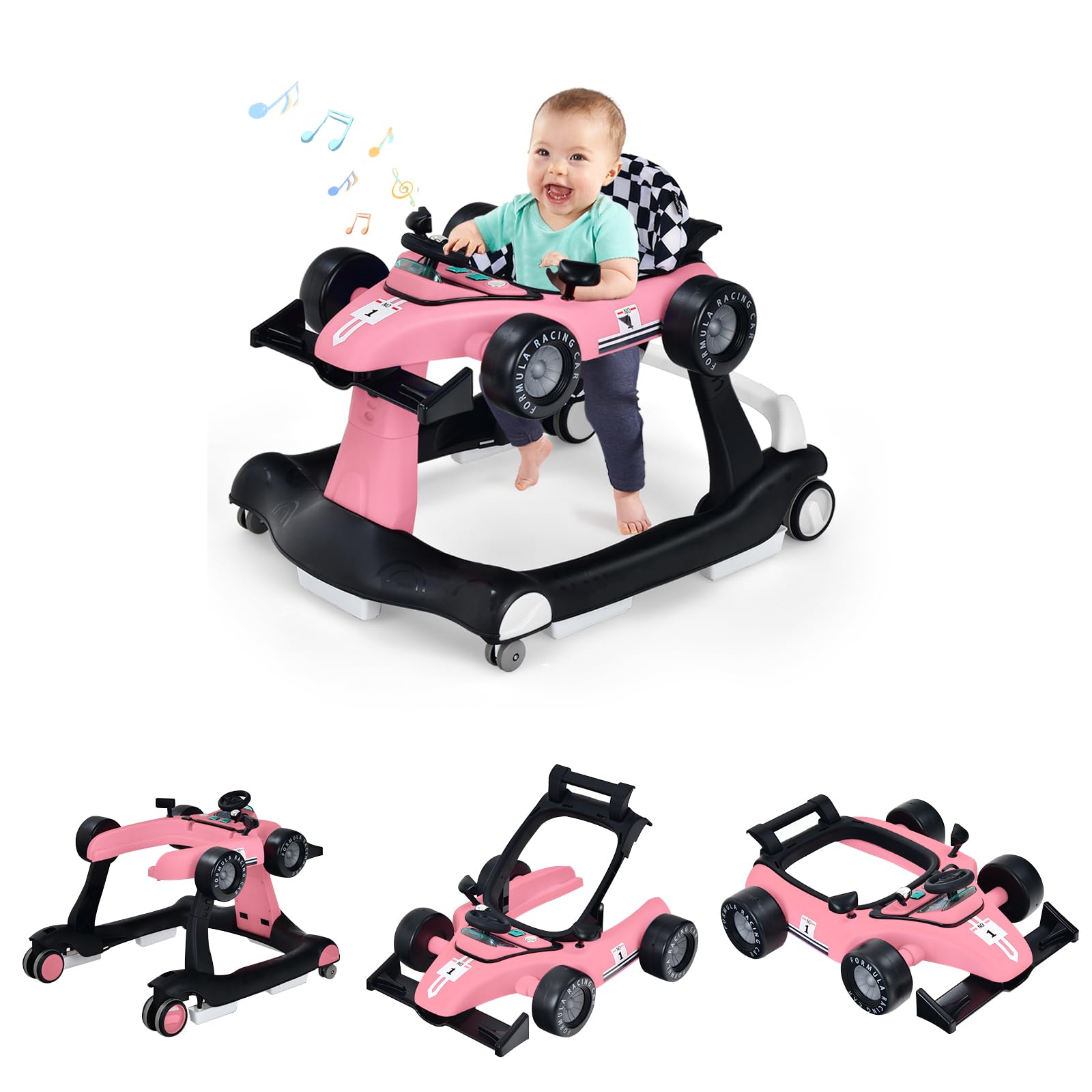 DREAMADE Lauflernhilfe, 4 in 1 Autoförmiger Lauflernwagen mit einstellbarer Geschwindigkeit, Musik & Licht, Babywalker Höhenverstellbar & Klappbar, Gehfrei Baby ab 6 Monate (Pink)