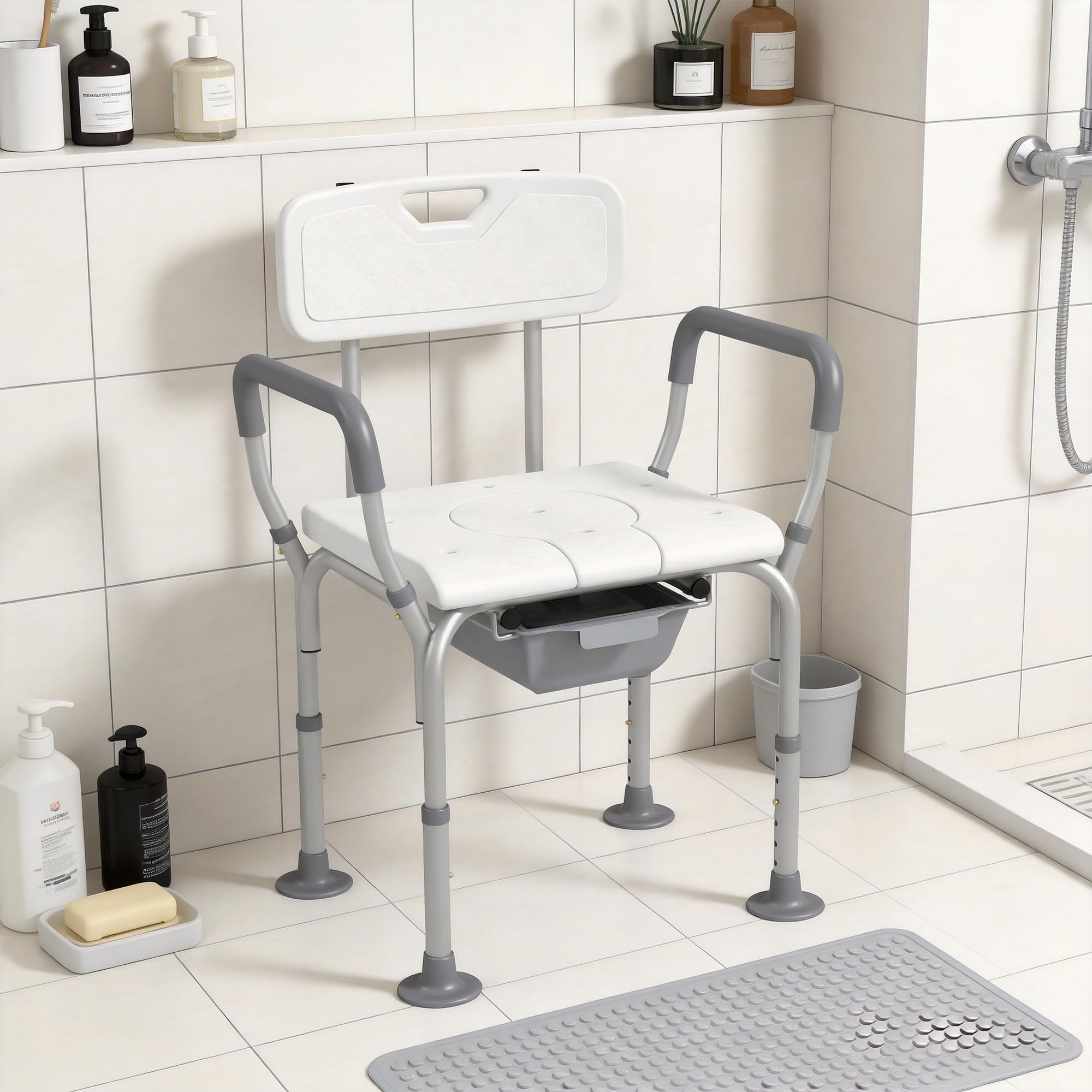 HOMCOM Sedia da Doccia 3 in 1 con Schienale e Braccioli, Sedia Comoda e Sedia WC con Altezza Regolabile e Piedini Antiscivolo, Bianco