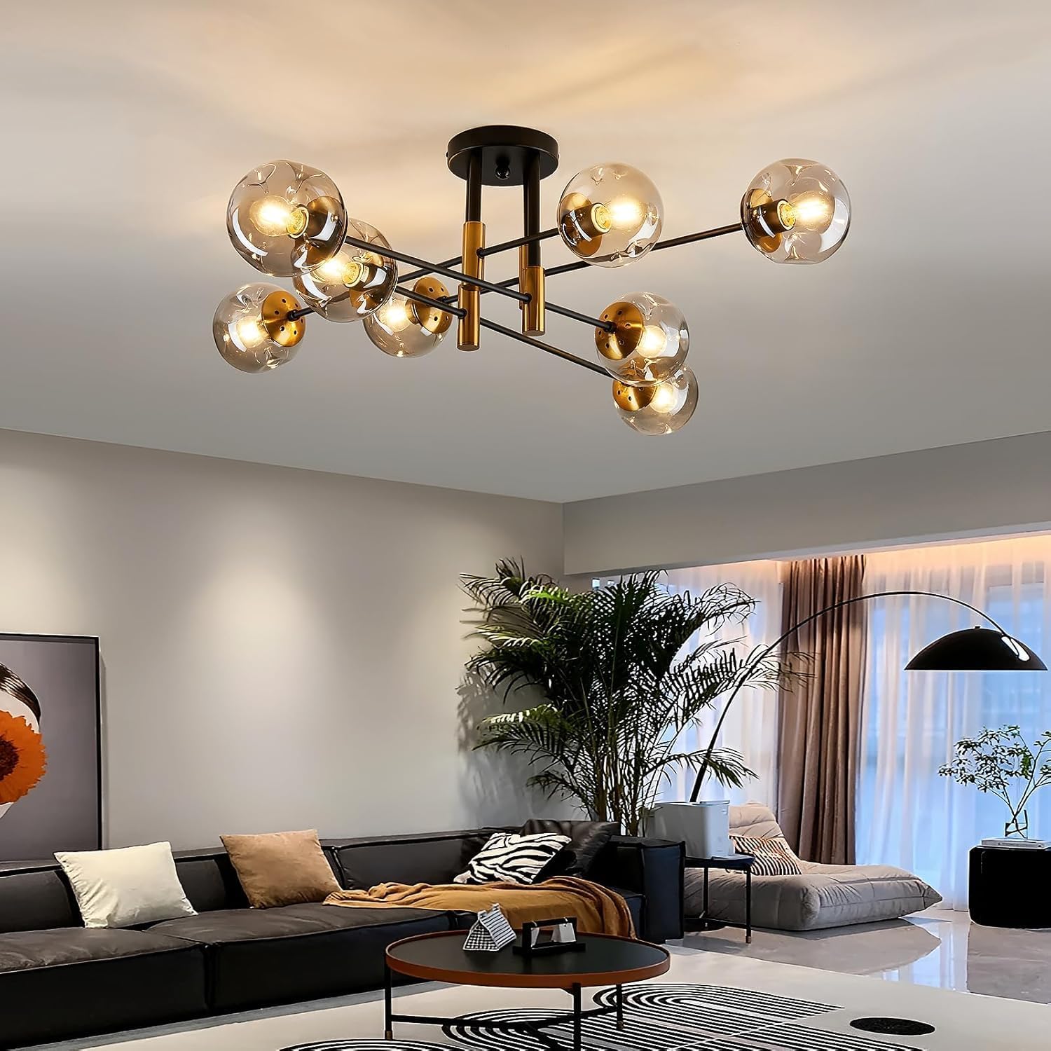 8 Light Sputnik Chandelier with Glass Globe Mid Century Modent Black Gold Ceiling Light Fixture Large Flush Mount Chandelier for Dining Room Bedroom Living Room Kitchen.