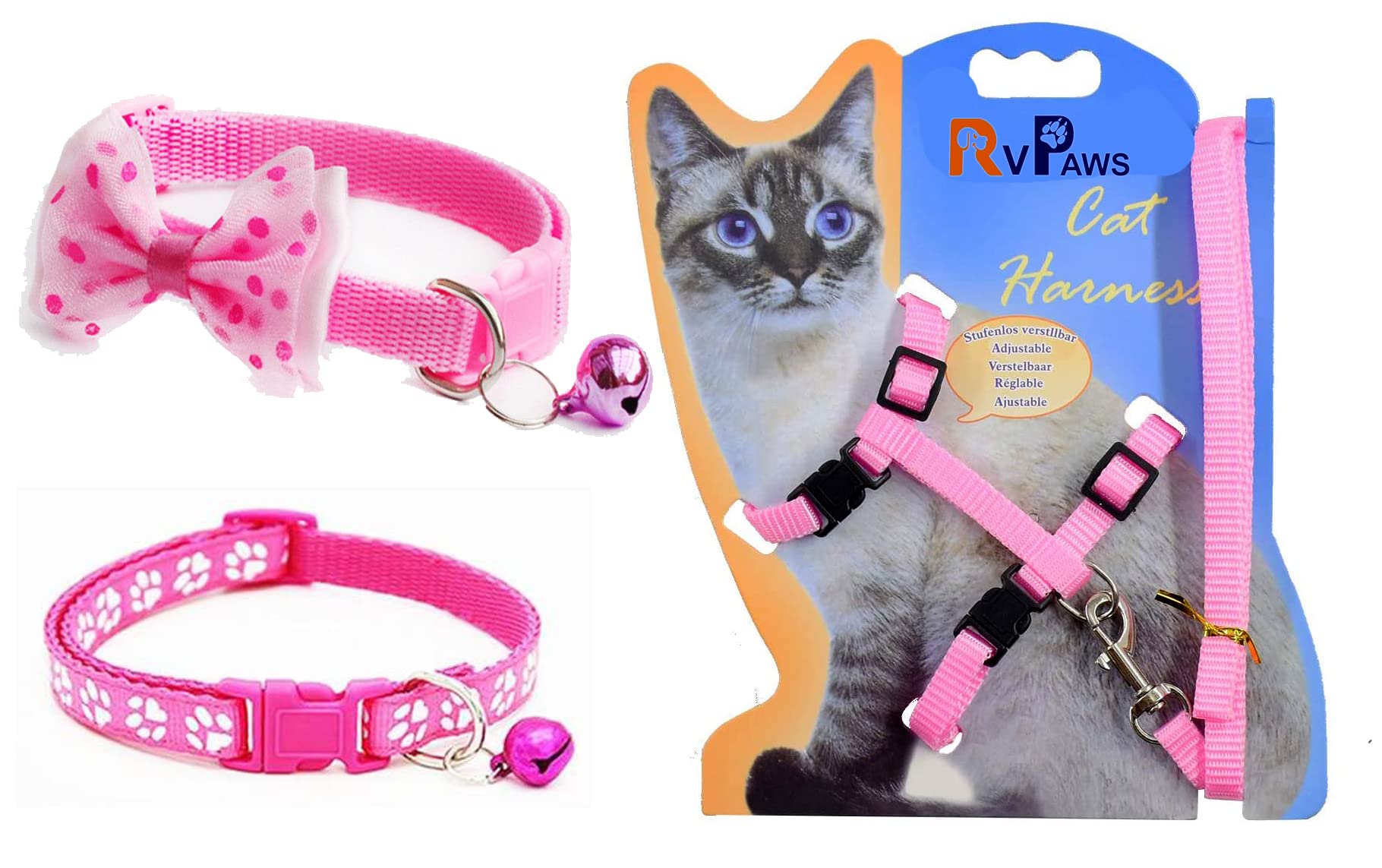 Pups&Pets Combo of 3 (Cat Harness + Cat Collar Paw Print + Cat Bow Tie) Cat Adjustable Nylon Harness Strap Collar with Leash Set Small Pet Walking for Kitten (Pink) (B0C597DQ63) Amazon Price History, Amazon Price Tracker