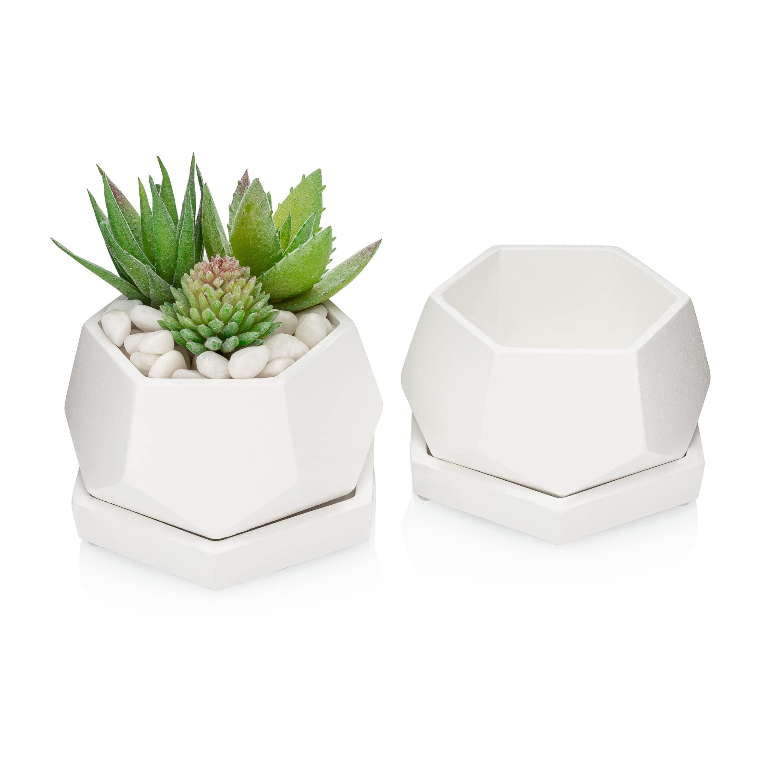 Essentra HomeHexagonal Cement Succulent Pots with Saucer (White)