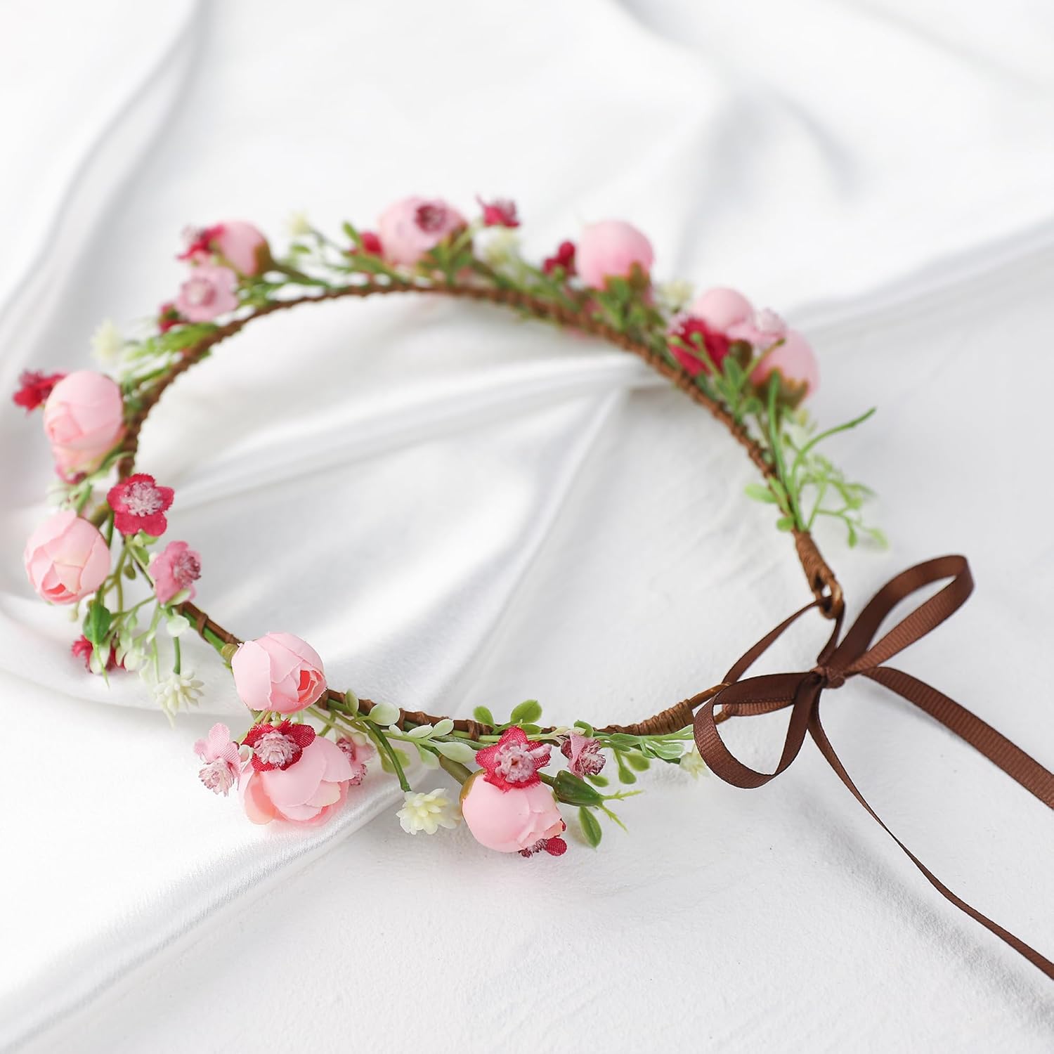 Handmade Flower Crown Flower Hair Wreath Women Headband Green Leaf Headpiece Weeding Hair Accessories for Bridal Girls Halo Headdress(Pink Style) - Image 3