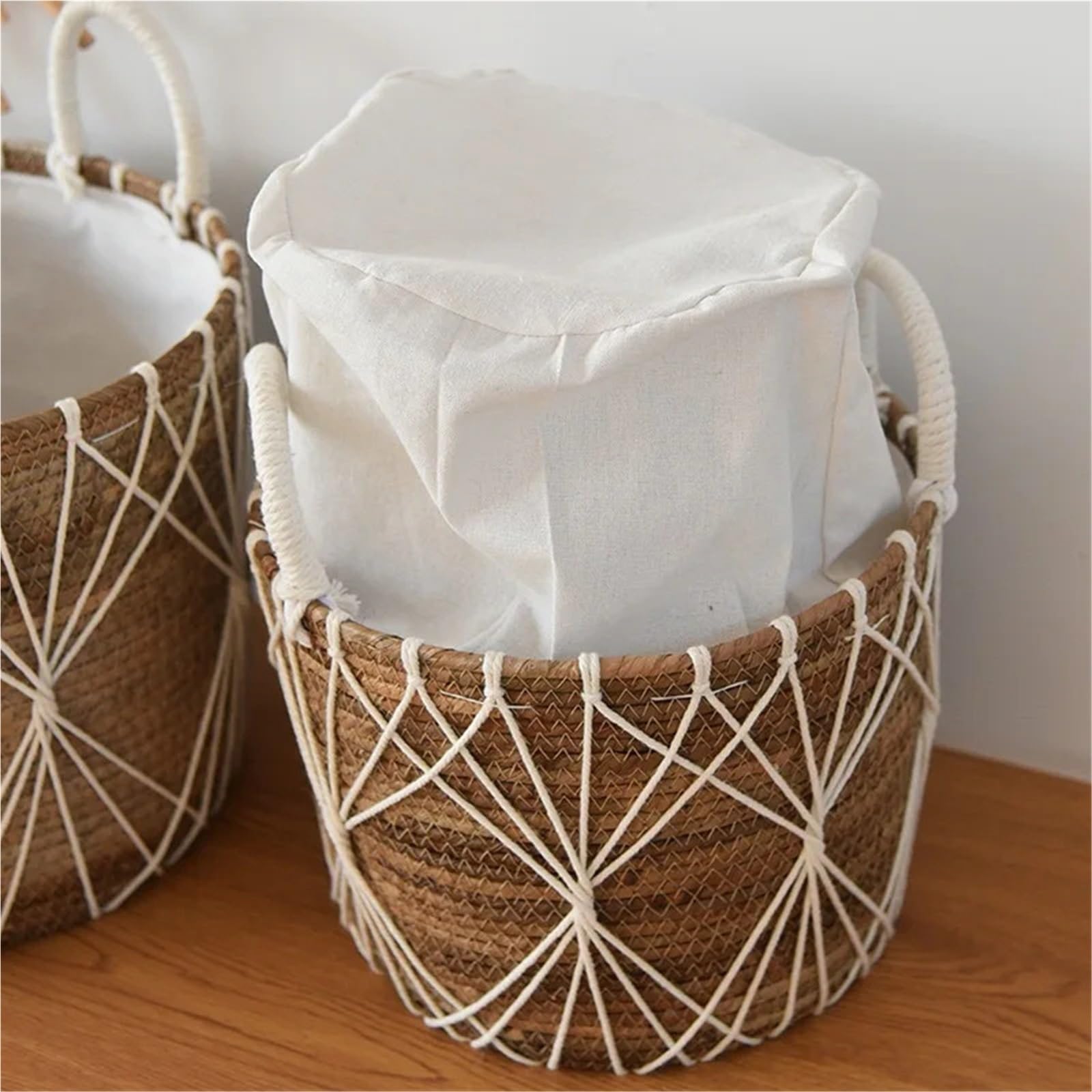 Macetero Mimbre Cesta for macetero de Interior Algas Marinas con Forro, cestas Mimbre Tejidas a Prueba Agua for Plantas, Maceta for decoración jardín y hogar(32CM)