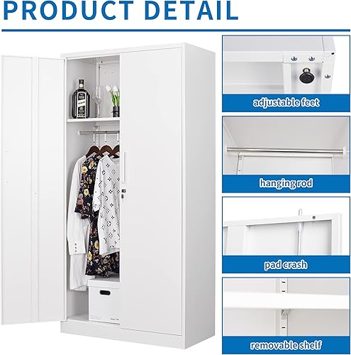 Miniatura 7 de BYNSOE Armario de almacenamiento de metal Armario de metal de 72 pulgadas de alto Armario de acero blanco de alto Armario de empleados con barra